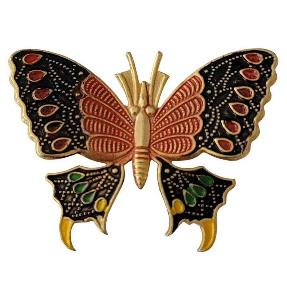 Spain Red Black Enamel Toledoware Butterfly Brooch Pin E790
